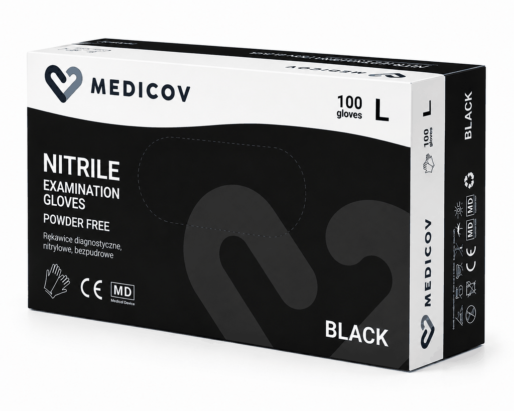 Rękawiczki Nitrylowe BLACK Bezpudrowe Medicov 100 szt. L - Wyrób Medyczny – zdjęcie 2