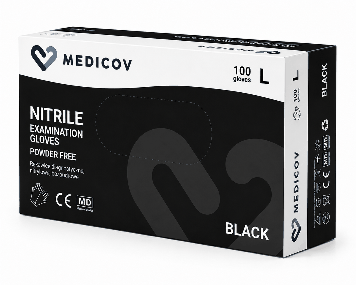 Rękawiczki Nitrylowe BLACK Bezpudrowe Medicov 100 szt. L - Wyrób Medyczny – zdjęcie 2