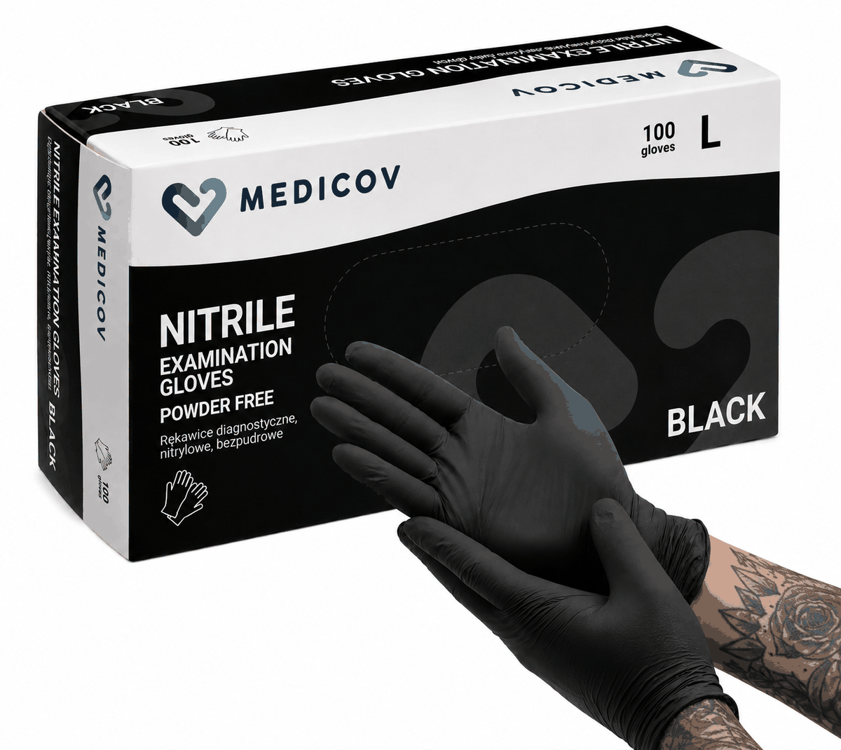 Rękawiczki Nitrylowe BLACK Bezpudrowe Medicov 100 szt. L - Wyrób Medyczny – zdjęcie 3