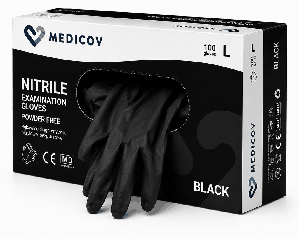 Rękawiczki Nitrylowe BLACK Bezpudrowe Medicov 100 szt. L - Wyrób Medyczny – zdjęcie 4