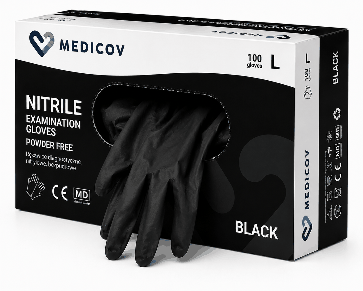 Rękawiczki Nitrylowe BLACK Bezpudrowe Medicov 100 szt. L - Wyrób Medyczny – zdjęcie 4