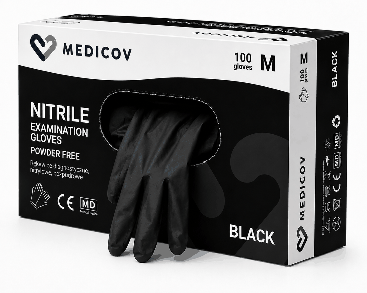 Rękawiczki Nitrylowe BLACK Bezpudrowe Medicov 100 szt. M - Wyrób Medyczny – zdjęcie 4