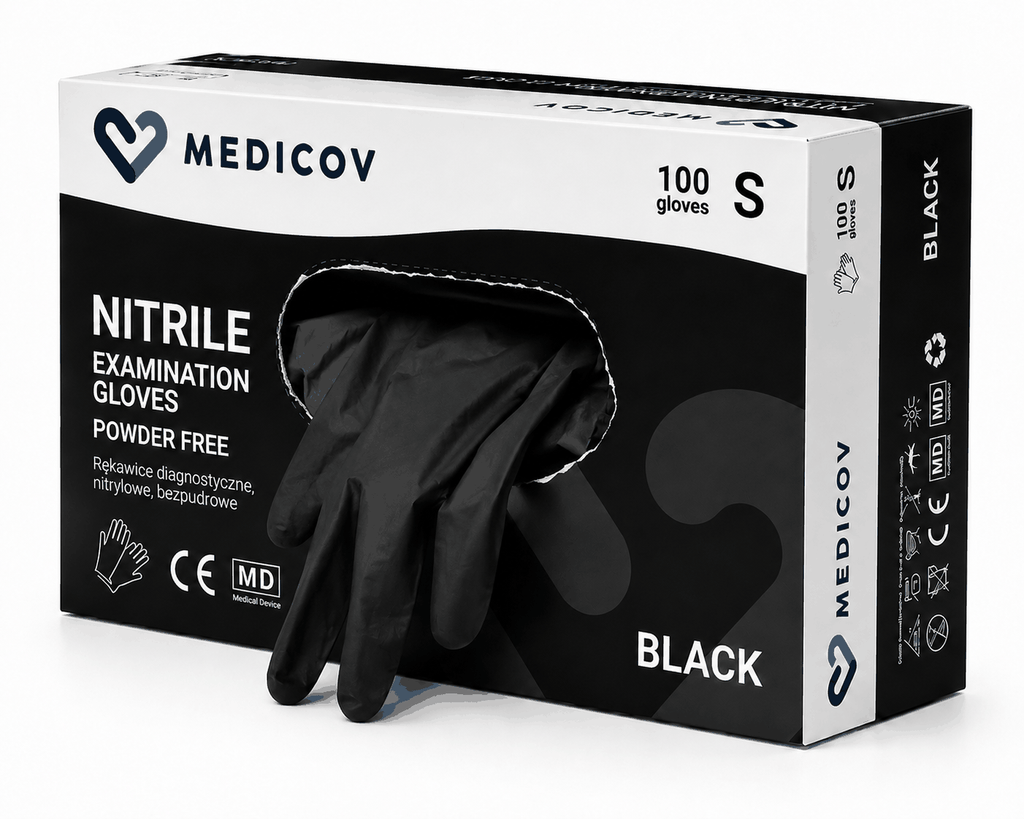 Rękawiczki Nitrylowe BLACK Bezpudrowe Medicov 100 szt. S - Wyrób Medyczny – zdjęcie 4