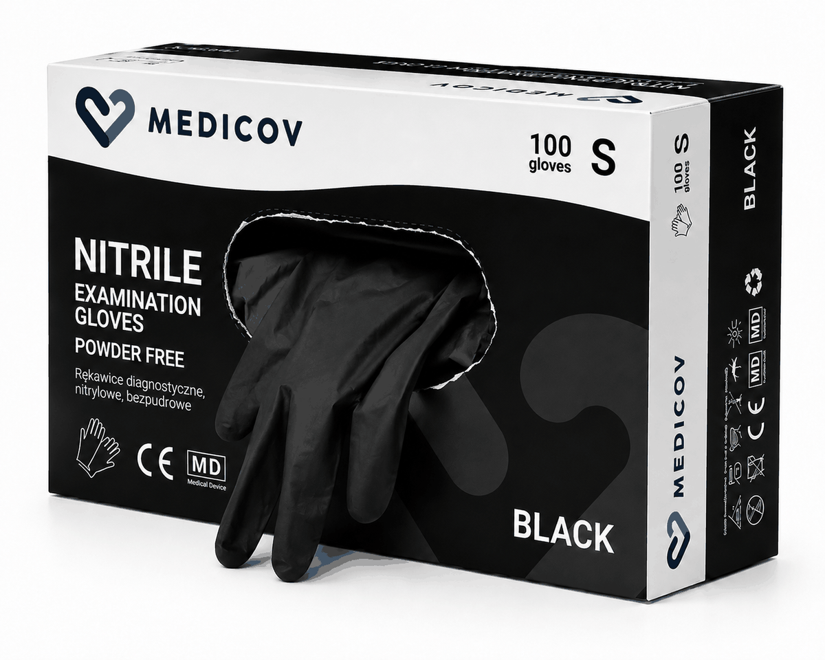 Rękawiczki Nitrylowe BLACK Bezpudrowe Medicov 100 szt. S - Wyrób Medyczny – zdjęcie 4
