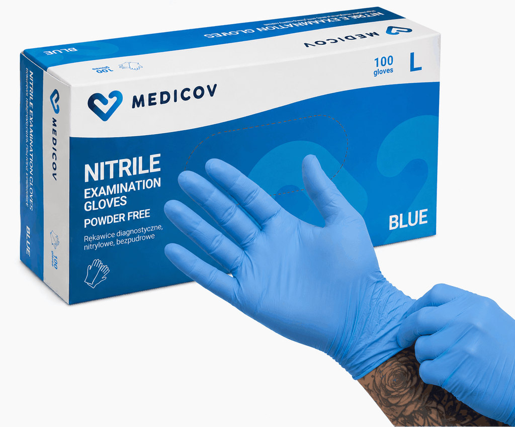 Rękawiczki Nitrylowe BLUE Bezpudrowe Medicov 100 szt. L - Wyrób Medyczny – zdjęcie 2