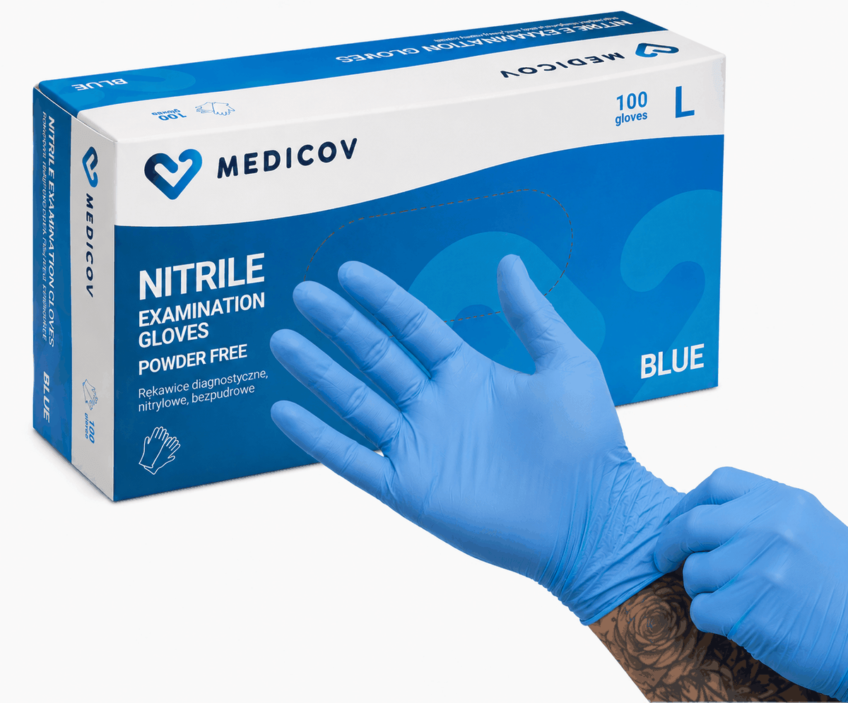 Rękawiczki Nitrylowe BLUE Bezpudrowe Medicov 100 szt. L - Wyrób Medyczny – zdjęcie 2