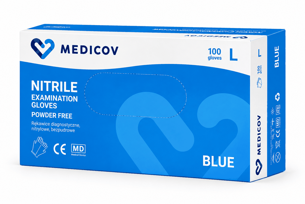 Rękawiczki Nitrylowe BLUE Bezpudrowe Medicov 100 szt. L - Wyrób Medyczny – zdjęcie 3