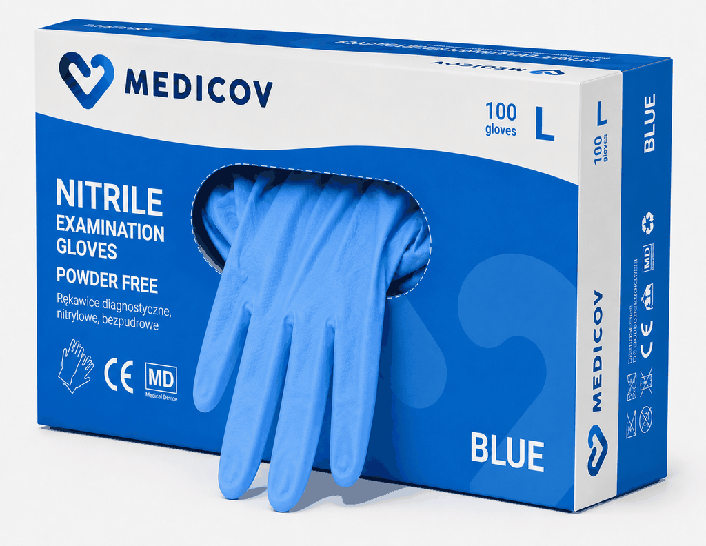 Rękawiczki Nitrylowe BLUE Bezpudrowe Medicov 100 szt. L - Wyrób Medyczny – zdjęcie 4