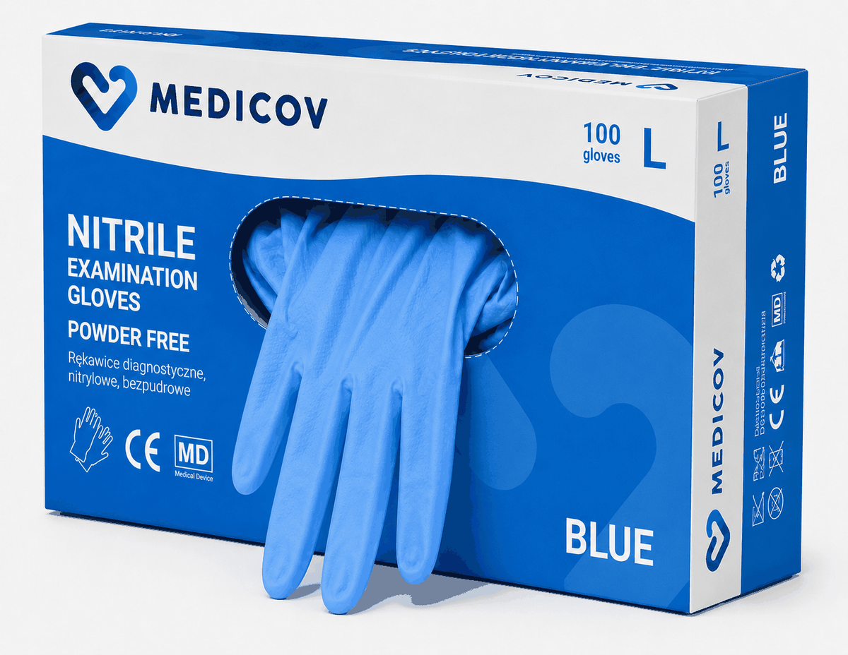 Rękawiczki Nitrylowe BLUE Bezpudrowe Medicov 100 szt. L - Wyrób Medyczny – zdjęcie 4