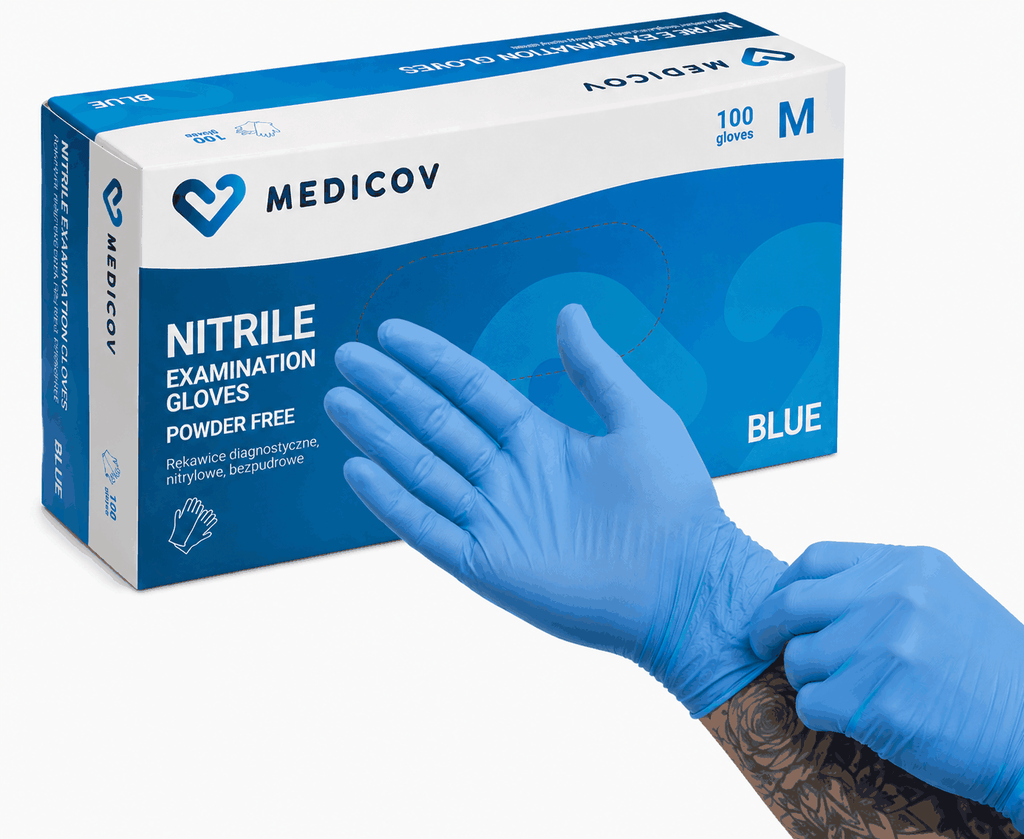 Rękawiczki Nitrylowe BLUE Bezpudrowe Medicov 100 szt. M - Wyrób Medyczny – zdjęcie 2