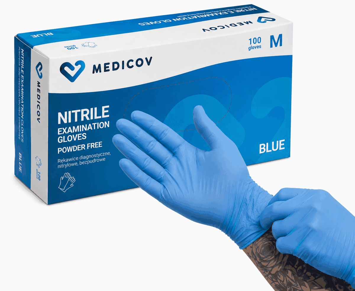 Rękawiczki Nitrylowe BLUE Bezpudrowe Medicov 100 szt. M - Wyrób Medyczny – zdjęcie 2