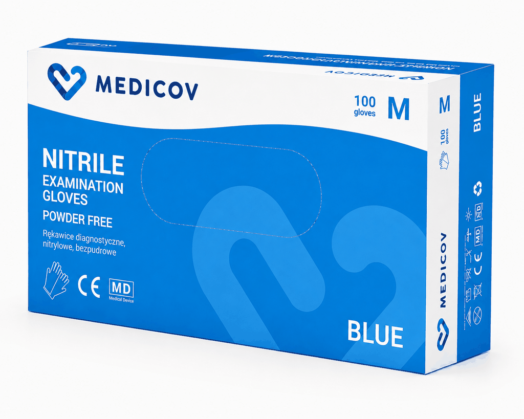 Rękawiczki Nitrylowe BLUE Bezpudrowe Medicov 100 szt. M - Wyrób Medyczny – zdjęcie 3