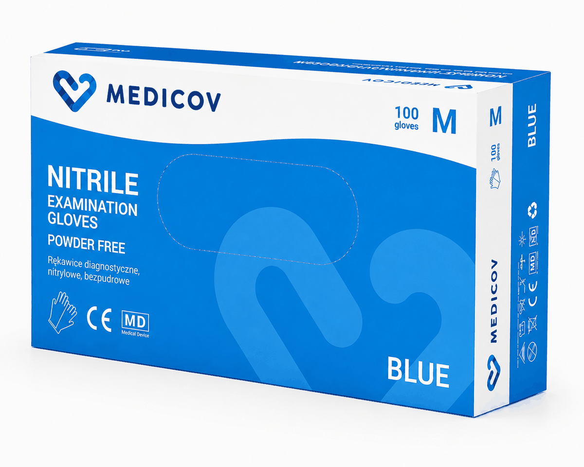 Rękawiczki Nitrylowe BLUE Bezpudrowe Medicov 100 szt. M - Wyrób Medyczny – zdjęcie 3