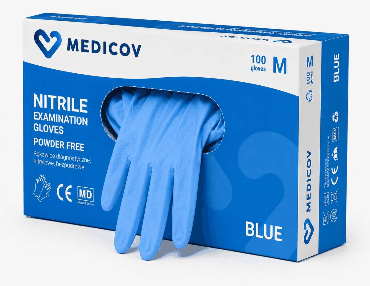 Rękawiczki Nitrylowe BLUE Bezpudrowe Medicov 100 szt. M - Wyrób Medyczny – zdjęcie 4