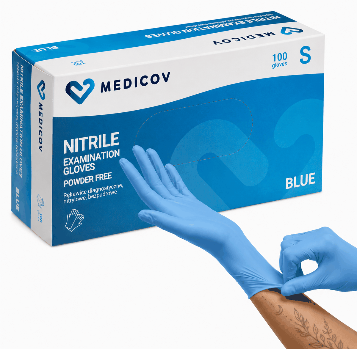 Rękawiczki Nitrylowe BLUE Bezpudrowe Medicov 100 szt. S - Wyrób Medyczny – zdjęcie 2