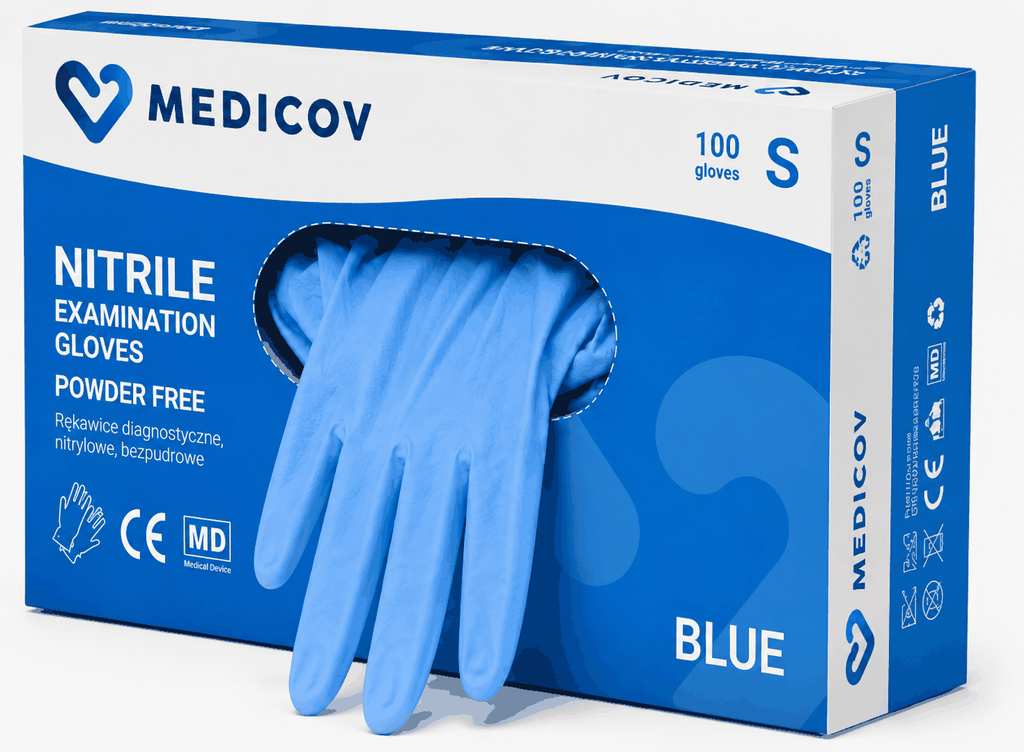 Rękawiczki Nitrylowe BLUE Bezpudrowe Medicov 100 szt. S - Wyrób Medyczny – zdjęcie 4